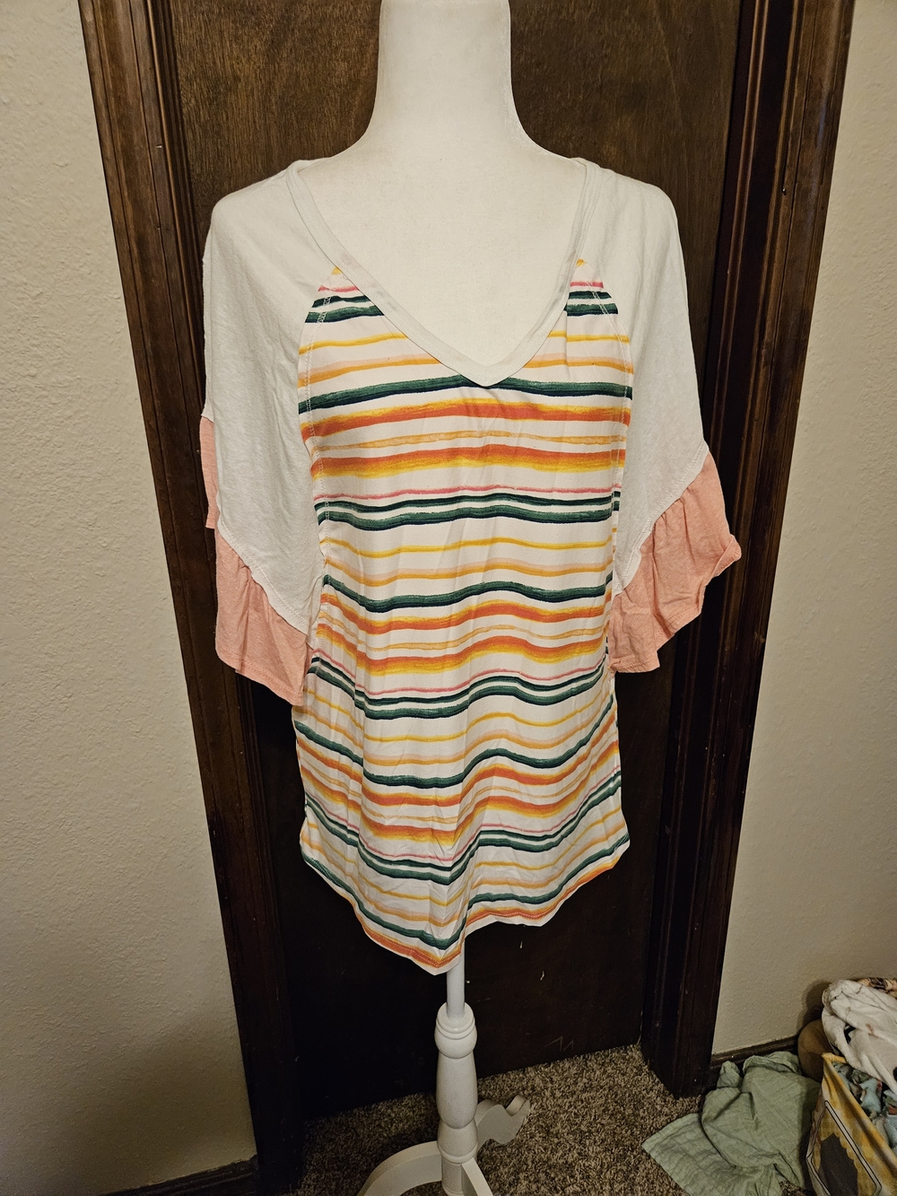 entro Striped V-Neck Top in White, Peach, Yellow and Green